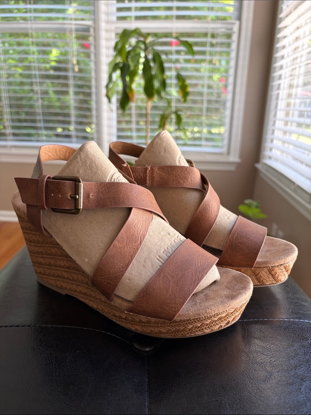 Jellypop Women's Brown Wedge Sandals - Strappy Buckle Design. Memory Foam 7.5